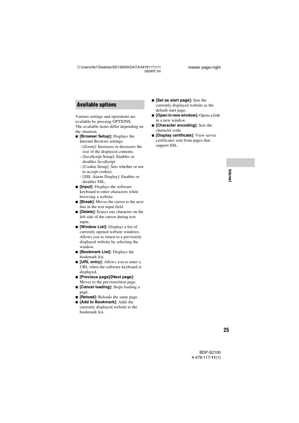 Available options | Sony BDP-S2100 User Manual | Page 25 / 44