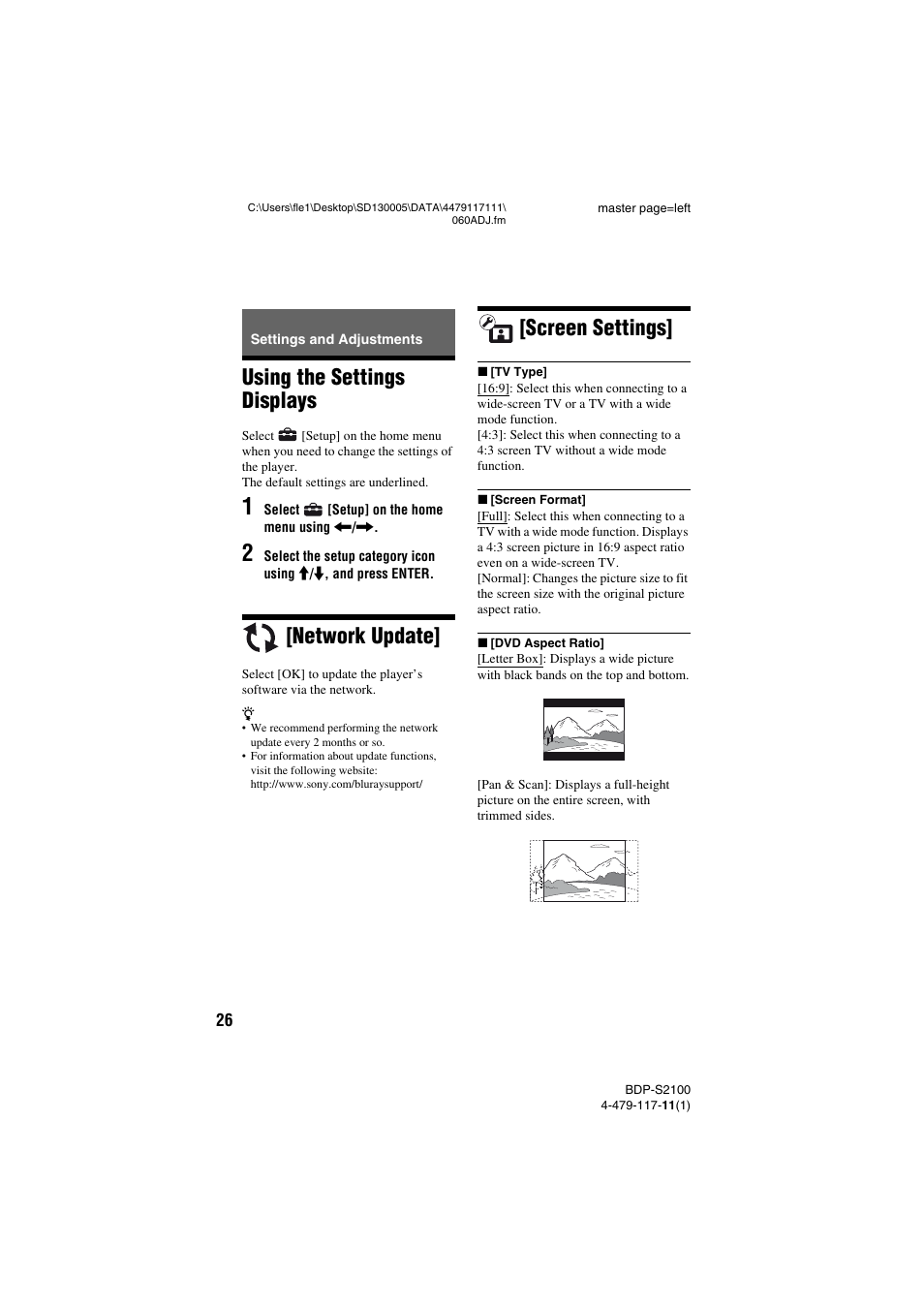 Settings and adjustments, Using the settings displays, Network update | Screen settings | Sony BDP-S2100 User Manual | Page 26 / 44