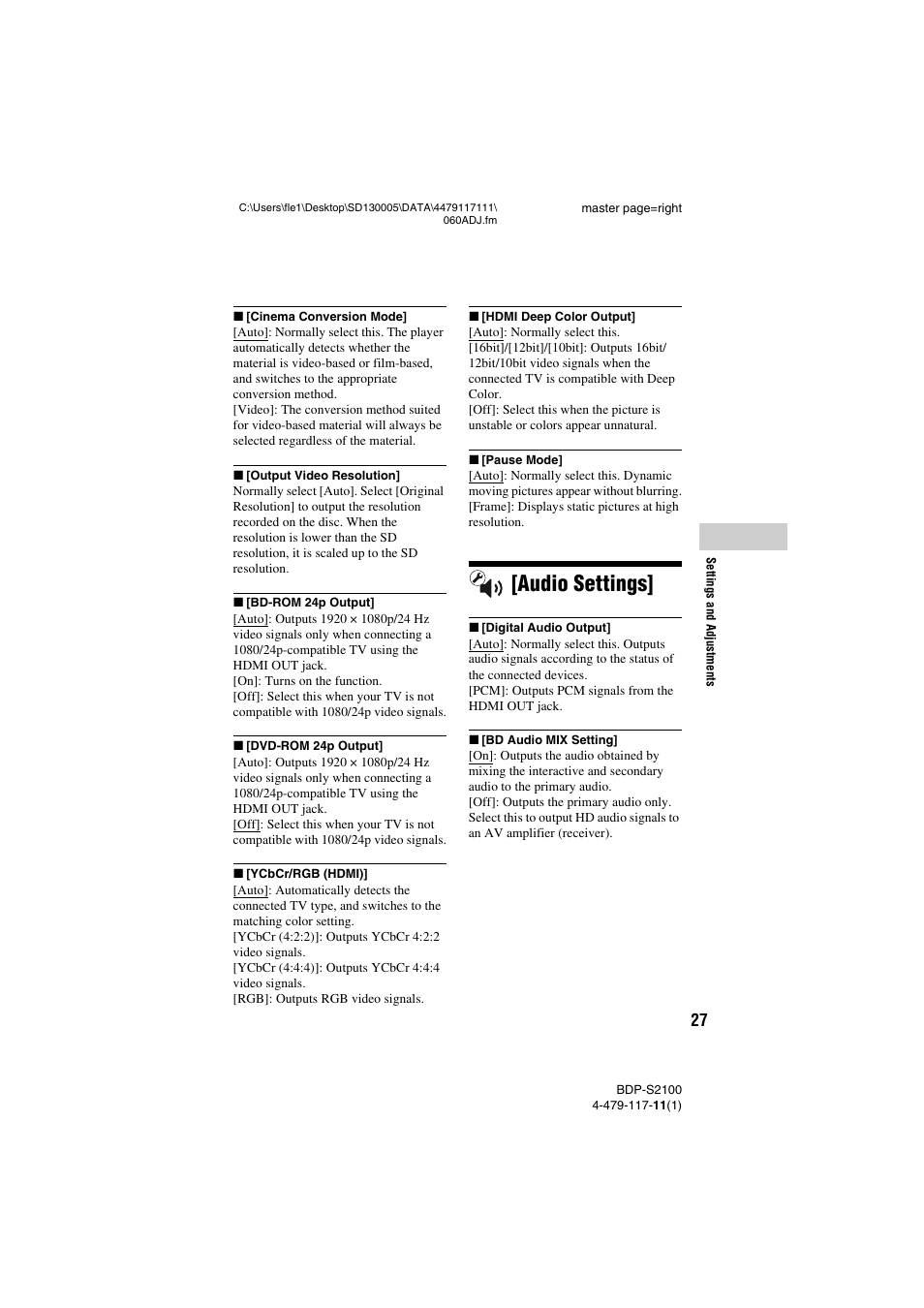 Audio settings | Sony BDP-S2100 User Manual | Page 27 / 44