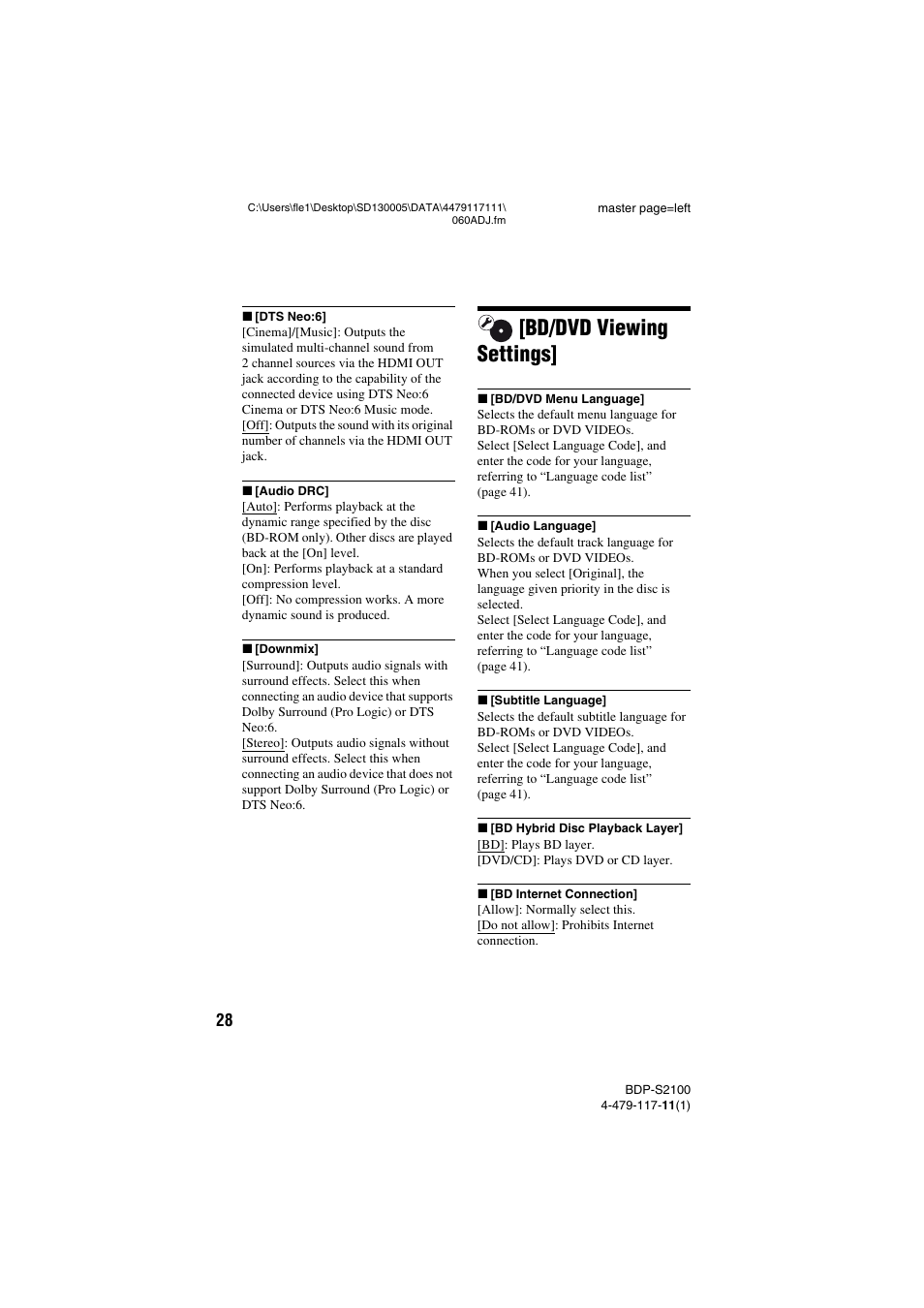 Bd/dvd viewing settings | Sony BDP-S2100 User Manual | Page 28 / 44