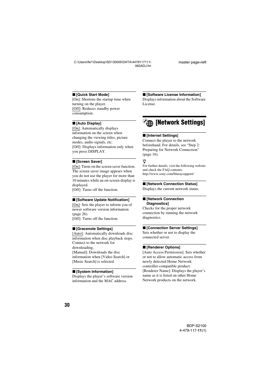 Network settings | Sony BDP-S2100 User Manual | Page 30 / 44