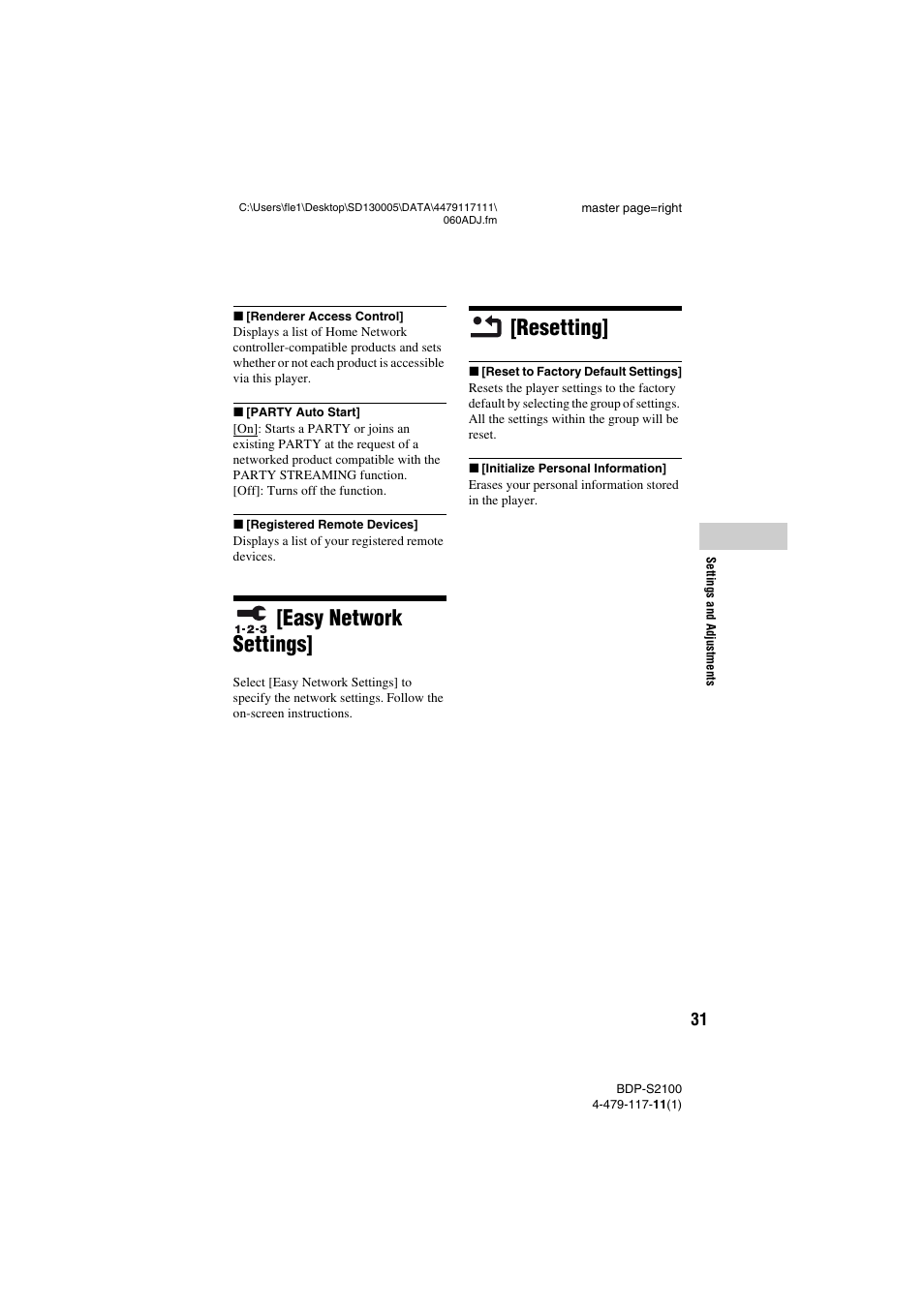 Easy network settings, Resetting | Sony BDP-S2100 User Manual | Page 31 / 44