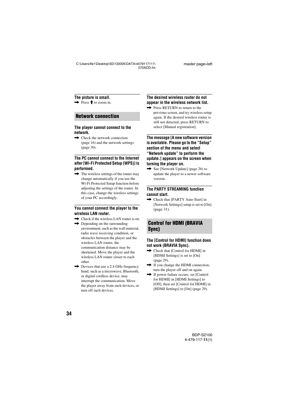 Network connection control for hdmi (bravia sync) | Sony BDP-S2100 User Manual | Page 34 / 44
