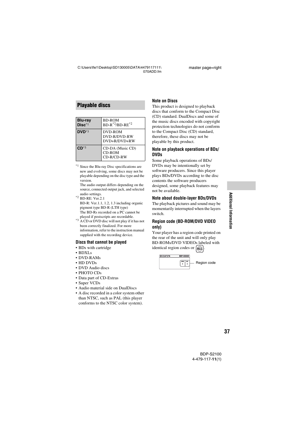 Playable discs | Sony BDP-S2100 User Manual | Page 37 / 44