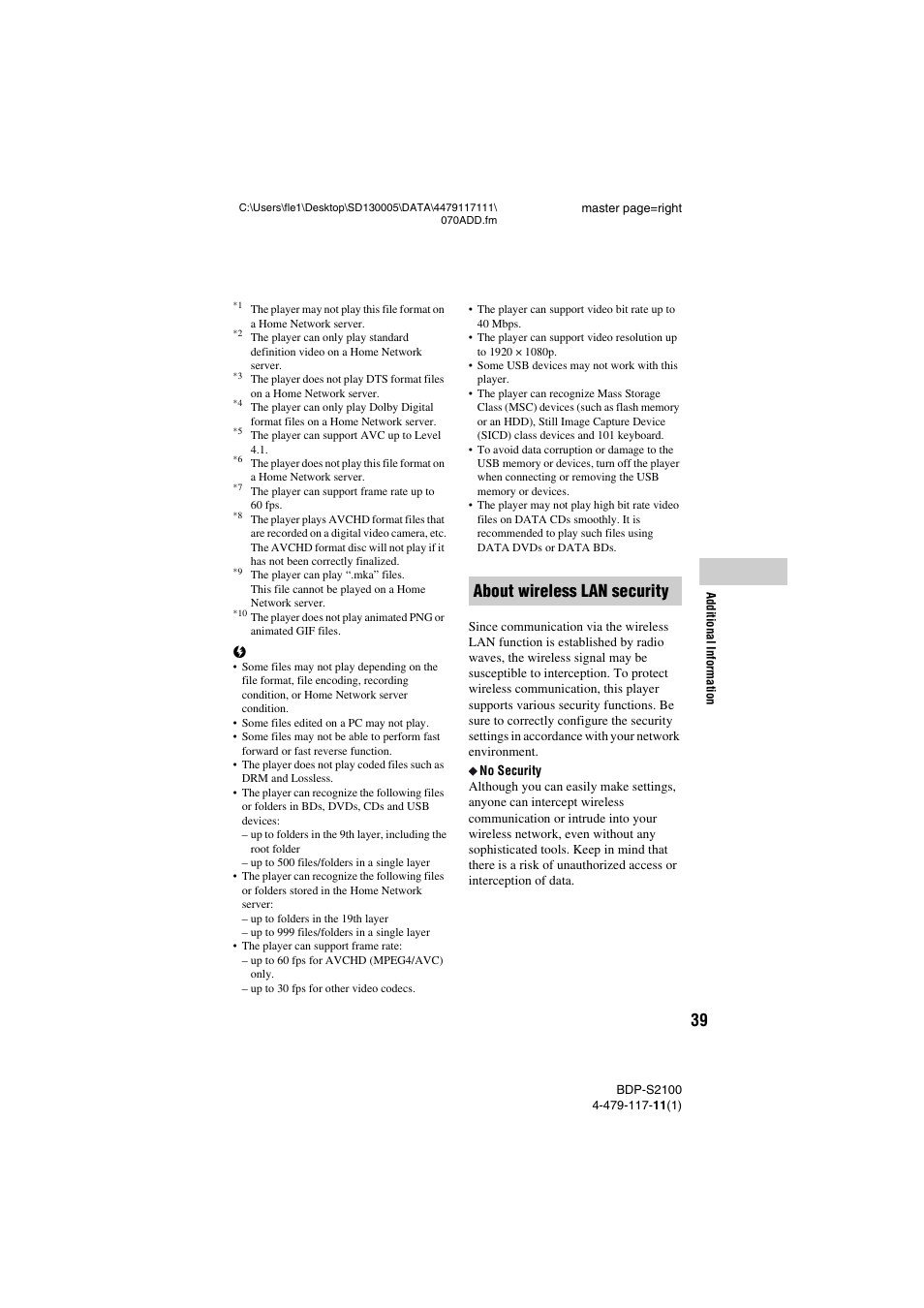 About wireless lan security | Sony BDP-S2100 User Manual | Page 39 / 44