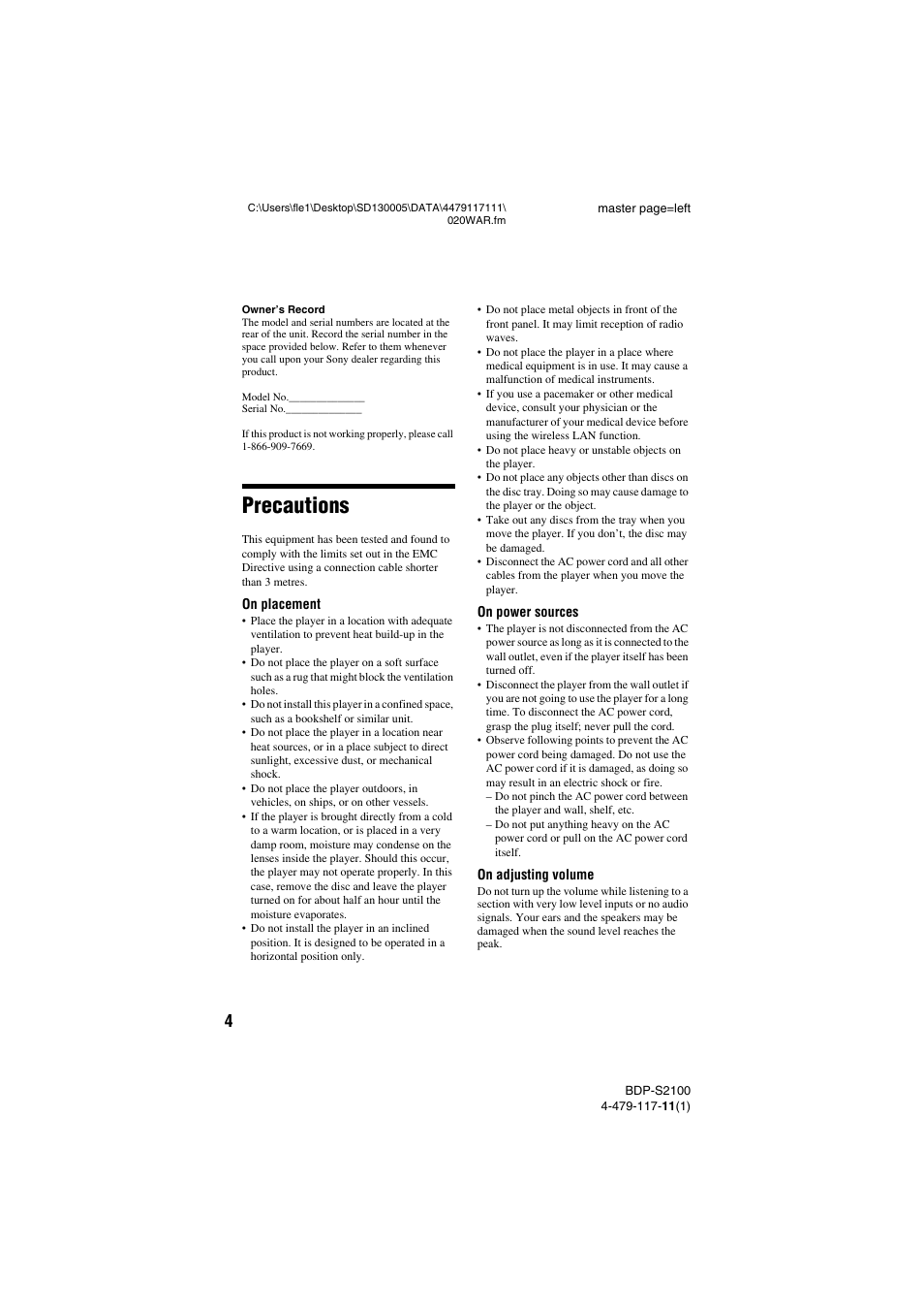 Precautions | Sony BDP-S2100 User Manual | Page 4 / 44