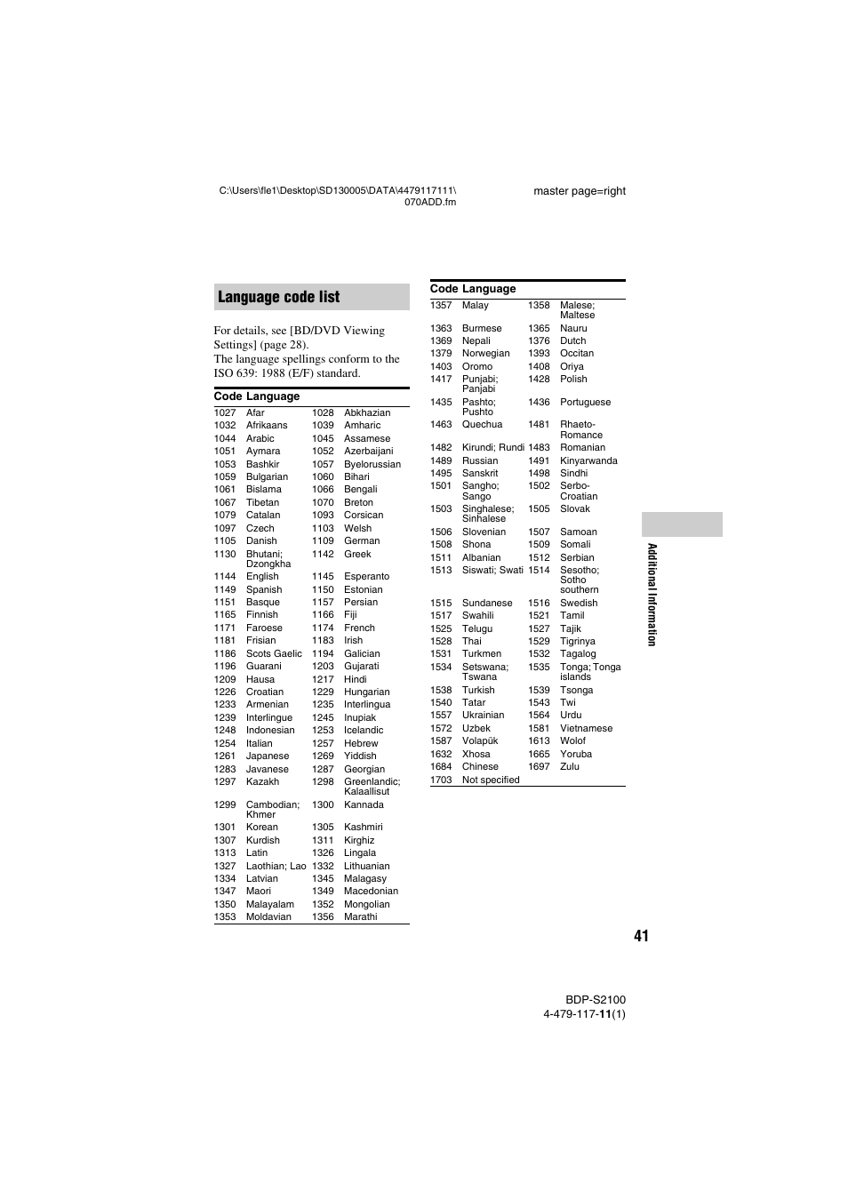 Language code list | Sony BDP-S2100 User Manual | Page 41 / 44