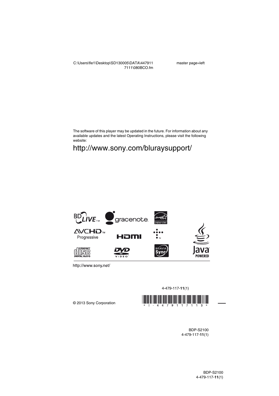 Sony BDP-S2100 User Manual | Page 44 / 44