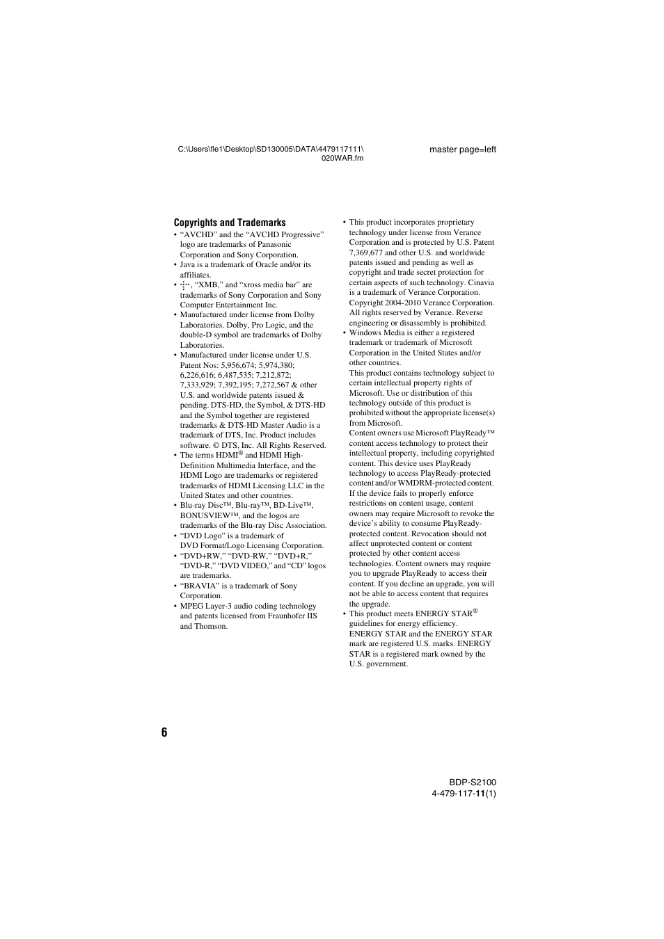 Sony BDP-S2100 User Manual | Page 6 / 44