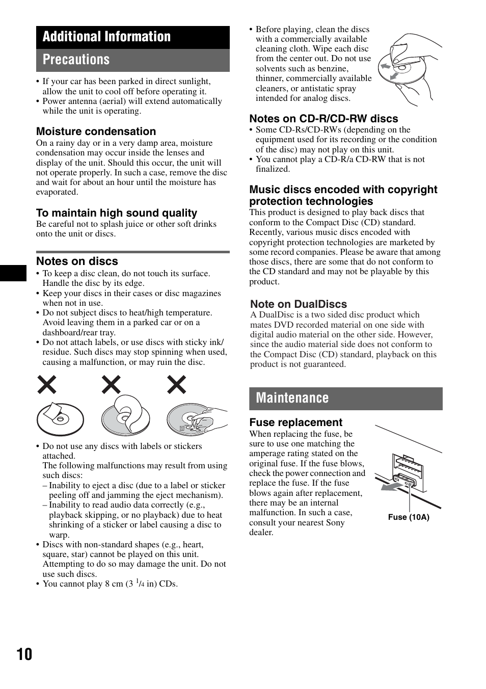 Additional information, Precautions, Notes on discs | Maintenance, Additional information precautions | Sony CDX-GT11W User Manual | Page 10 / 28