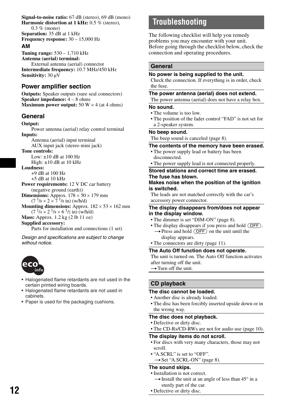 Troubleshooting, General | Sony CDX-GT11W User Manual | Page 12 / 28
