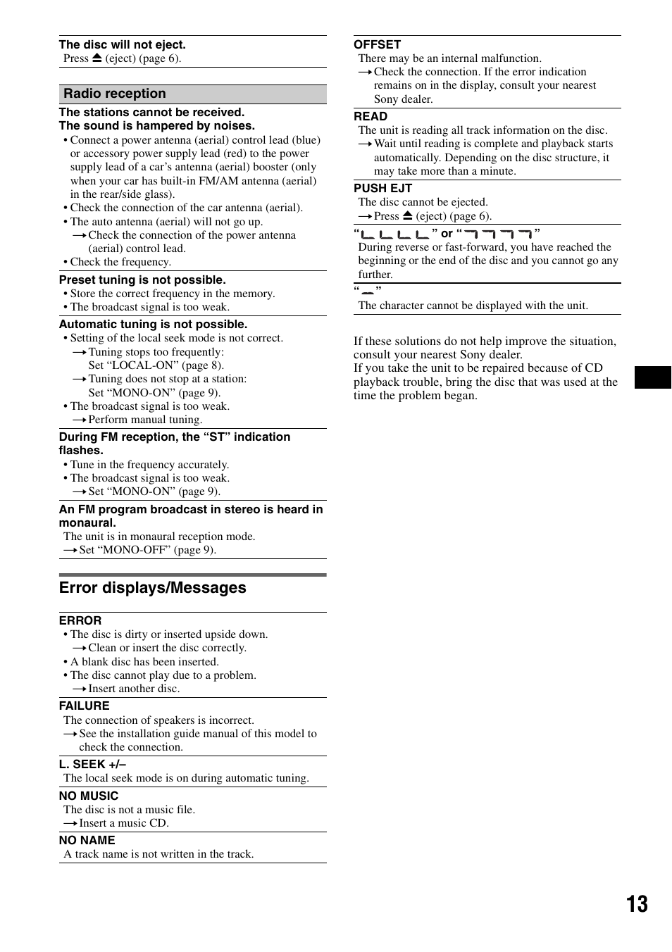 Error displays/messages | Sony CDX-GT11W User Manual | Page 13 / 28