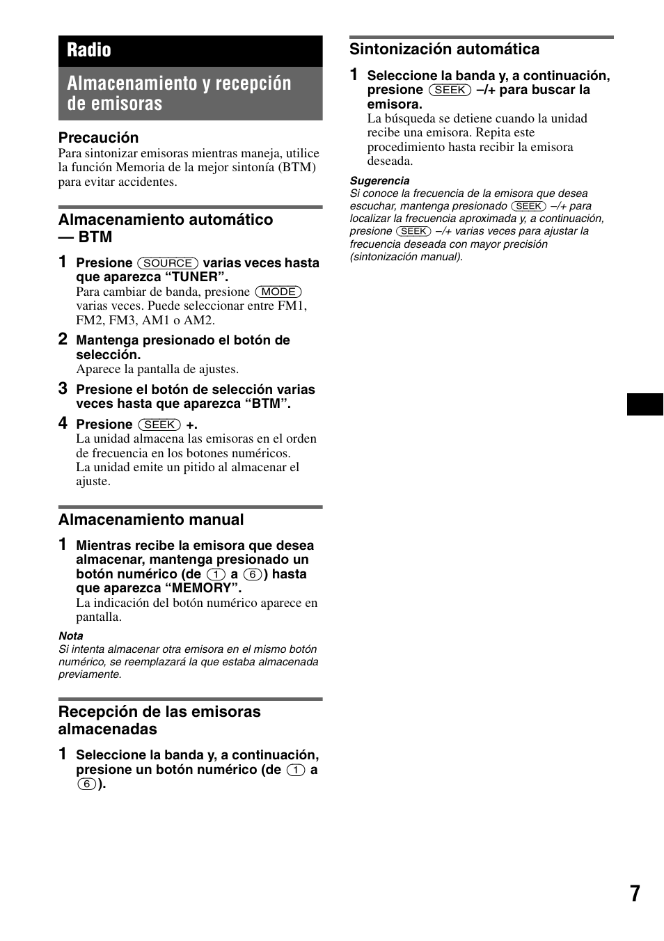 Radio, Almacenamiento y recepción de emisoras, Almacenamiento automático - btm | Almacenamiento manual, Recepción de las emisoras almacenadas, Sintonización automática, Radio almacenamiento y recepción de emisoras | Sony CDX-GT11W User Manual | Page 19 / 28