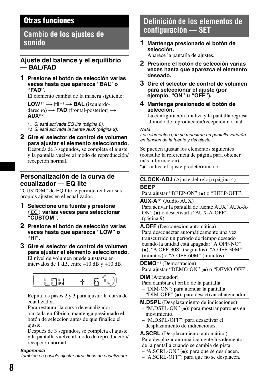 Otras funciones, Cambio de los ajustes de sonido, Ajuste del balance y el equilibrio - bal/fad | Definición de los elementos de configuración - set, Definición de los elementos de configuración — set, Otras funciones cambio de los ajustes de sonido, Ajuste del balance y el equilibrio — bal/fad | Sony CDX-GT11W User Manual | Page 20 / 28