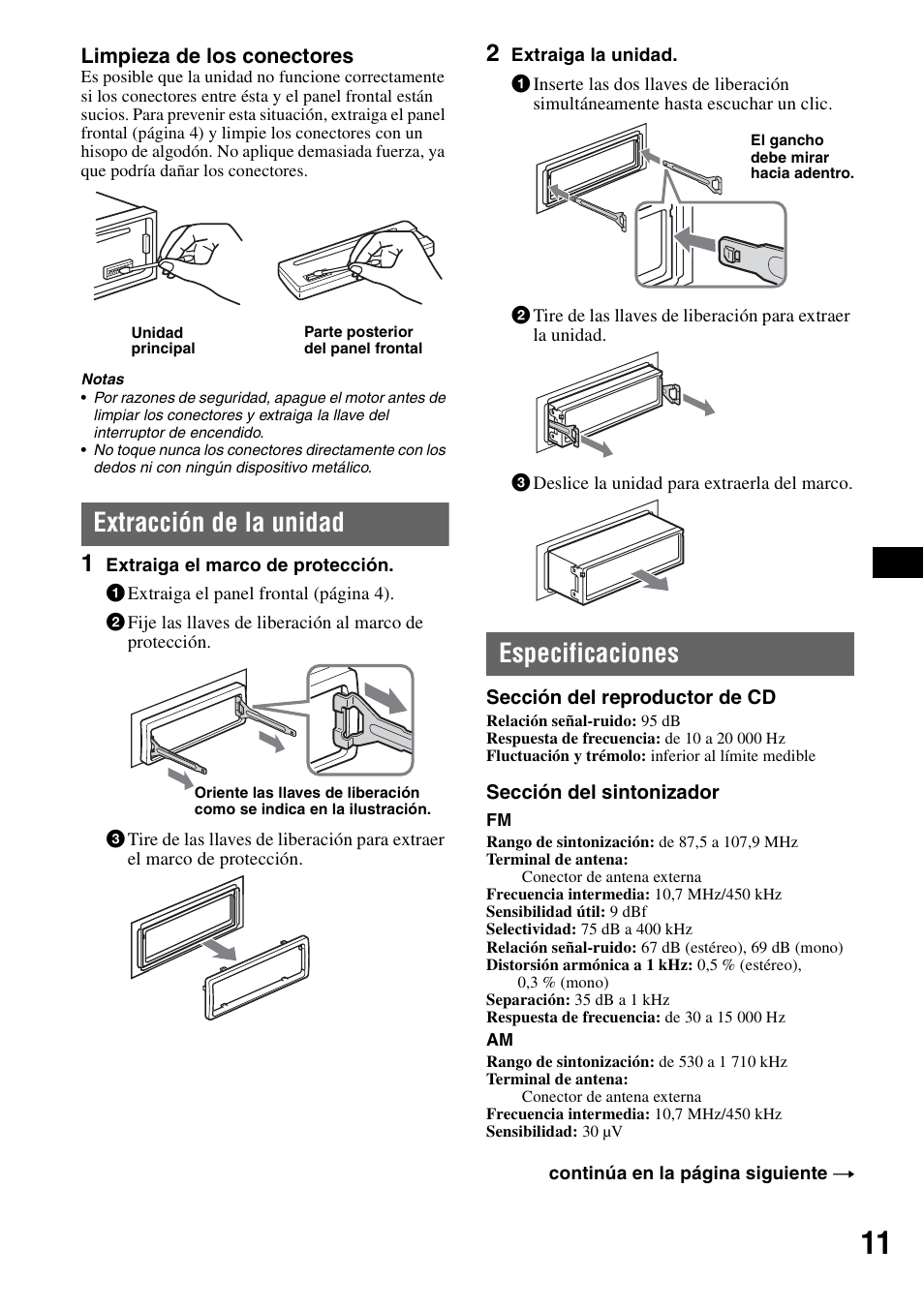 Extracción de la unidad, Especificaciones, Extracción de la unidad especificaciones | Sony CDX-GT11W User Manual | Page 23 / 28