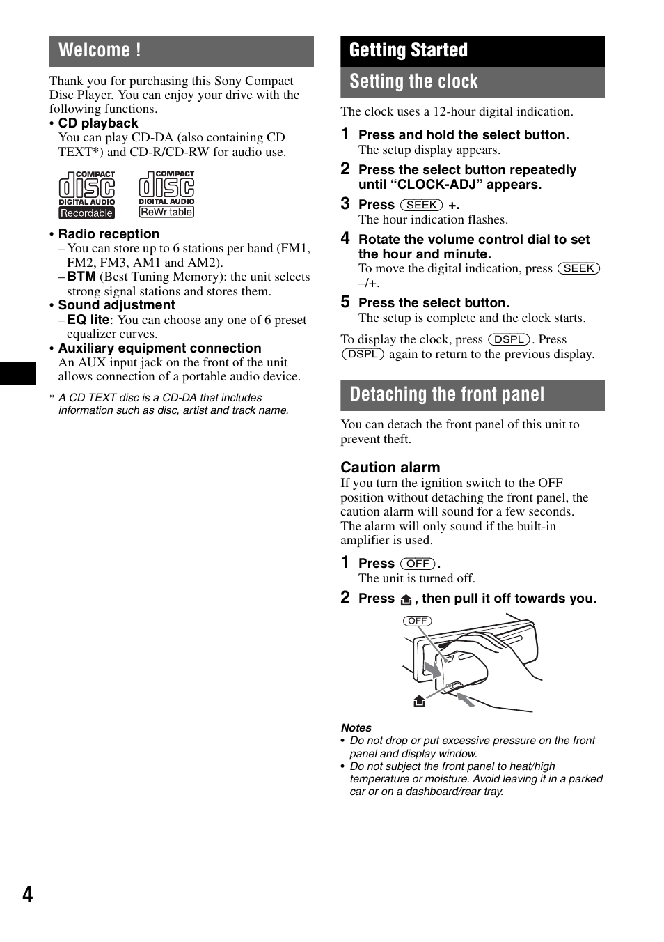 Welcome, Getting started, Setting the clock | Detaching the front panel, Setting the clock detaching the front panel, Getting started setting the clock | Sony CDX-GT11W User Manual | Page 4 / 28