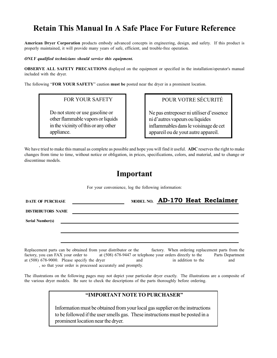 Important, Ad-170 heat reclaimer | American Dryer Corp. Heat Reclaimer AD-170HR User Manual | Page 2 / 20