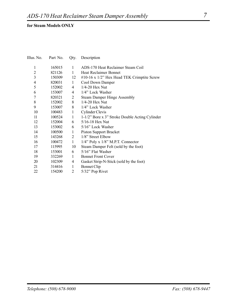 Ads-170 heat reclaimer steam damper assembly | American Dryer Corp. Heat Reclaimer AD-170HR User Manual | Page 9 / 20