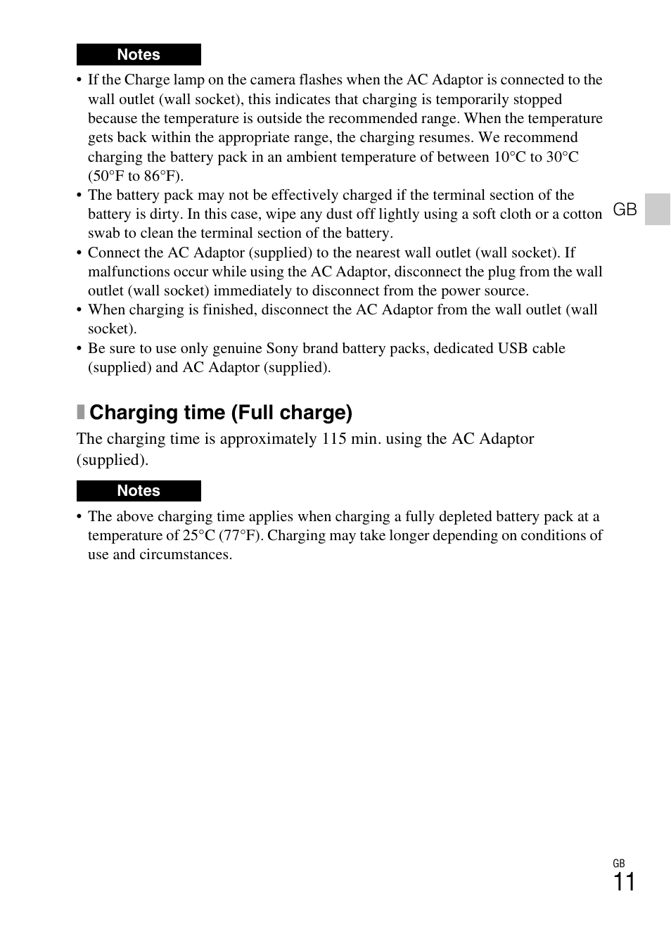 Xcharging time (full charge) | Sony DSC-W730 User Manual | Page 11 / 60