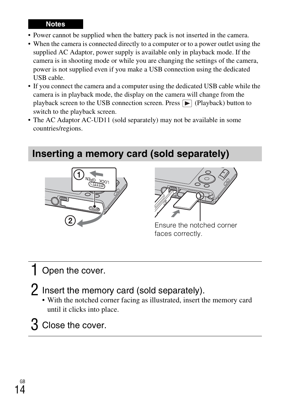 Inserting a memory card (sold separately) | Sony DSC-W730 User Manual | Page 14 / 60