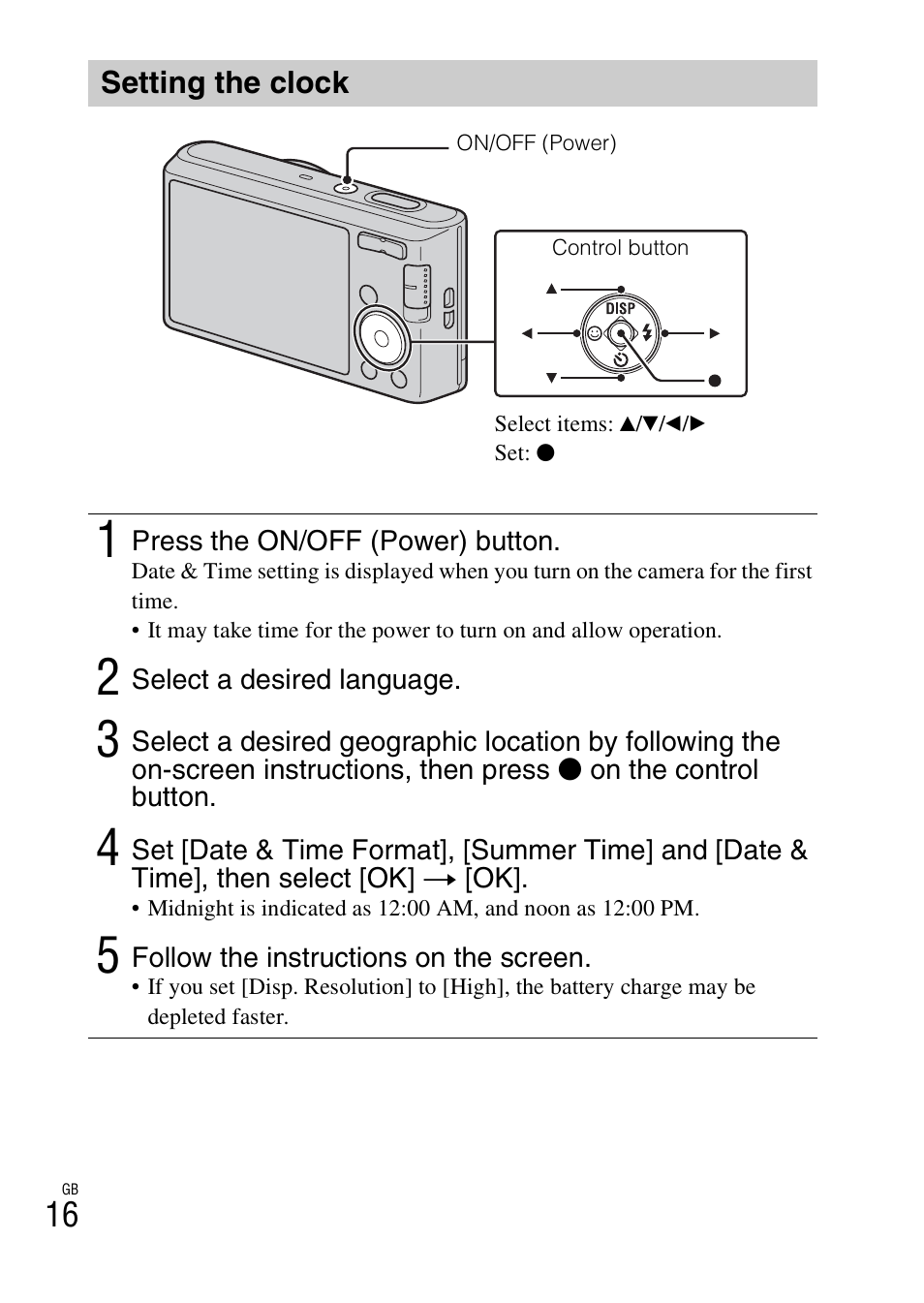 Setting the clock | Sony DSC-W730 User Manual | Page 16 / 60