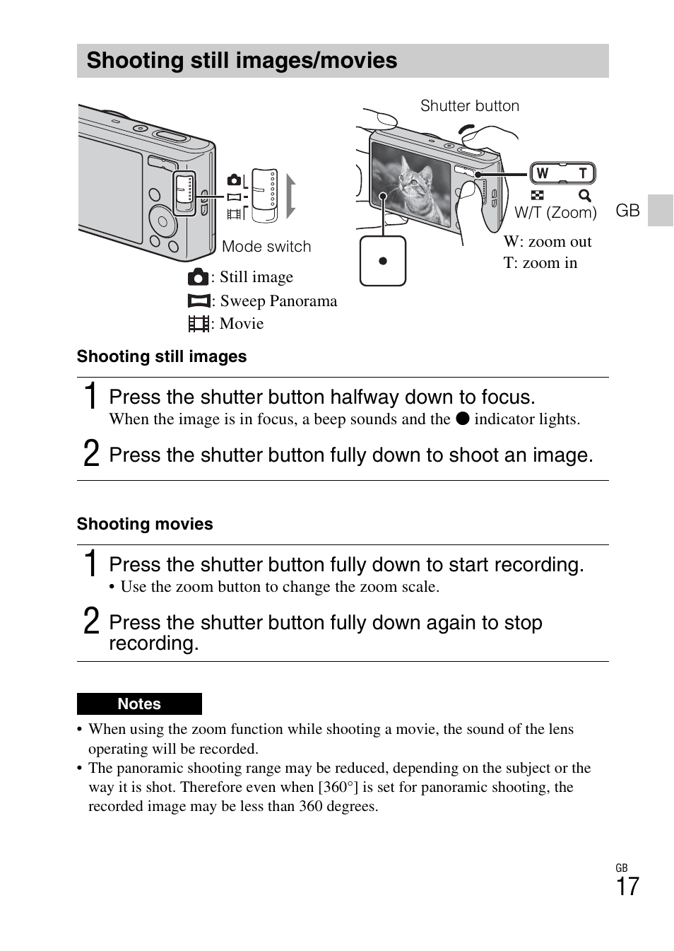 Shooting still images/movies | Sony DSC-W730 User Manual | Page 17 / 60