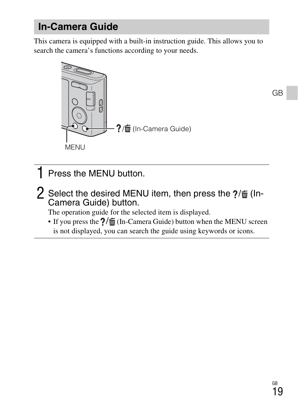 In-camera guide | Sony DSC-W730 User Manual | Page 19 / 60