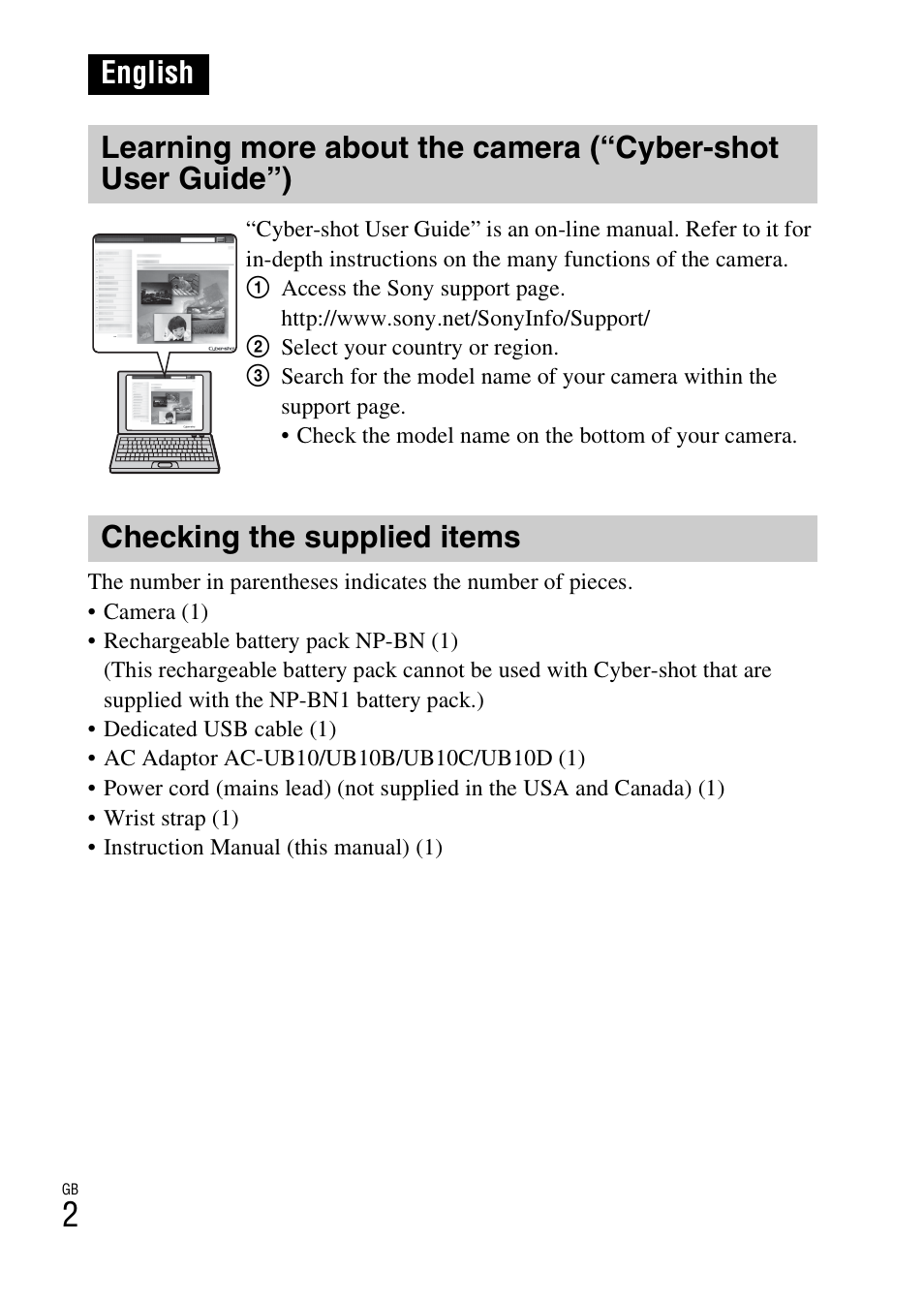 English, Checking the supplied items | Sony DSC-W730 User Manual | Page 2 / 60