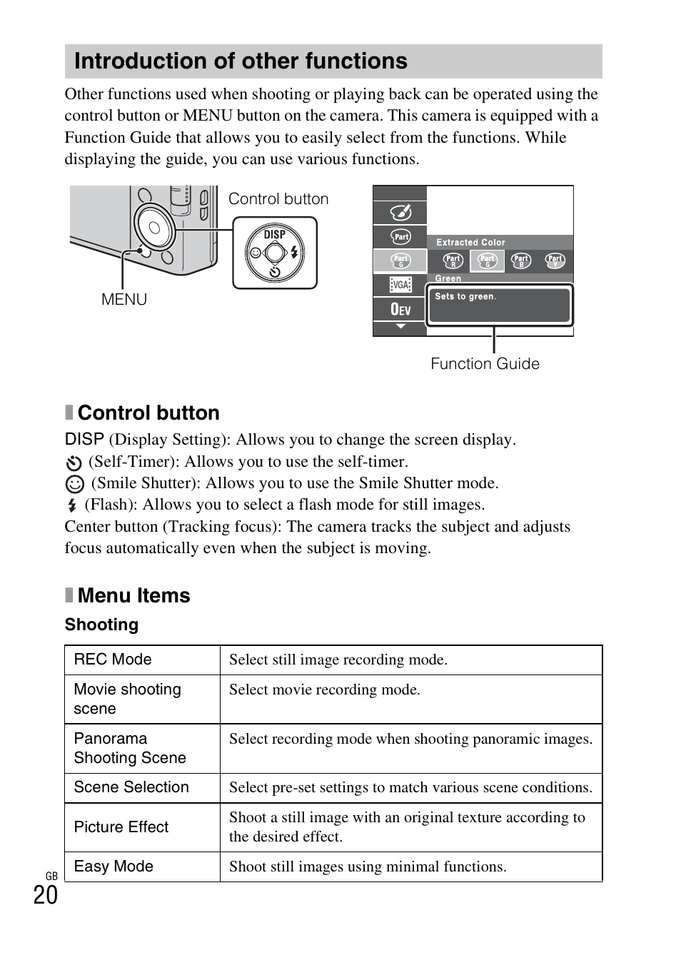 Introduction of other functions, Xcontrol button, Xmenu items | Sony DSC-W730 User Manual | Page 20 / 60
