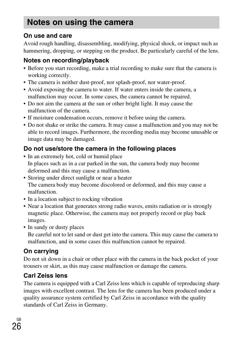 Notes on using the camera | Sony DSC-W730 User Manual | Page 26 / 60