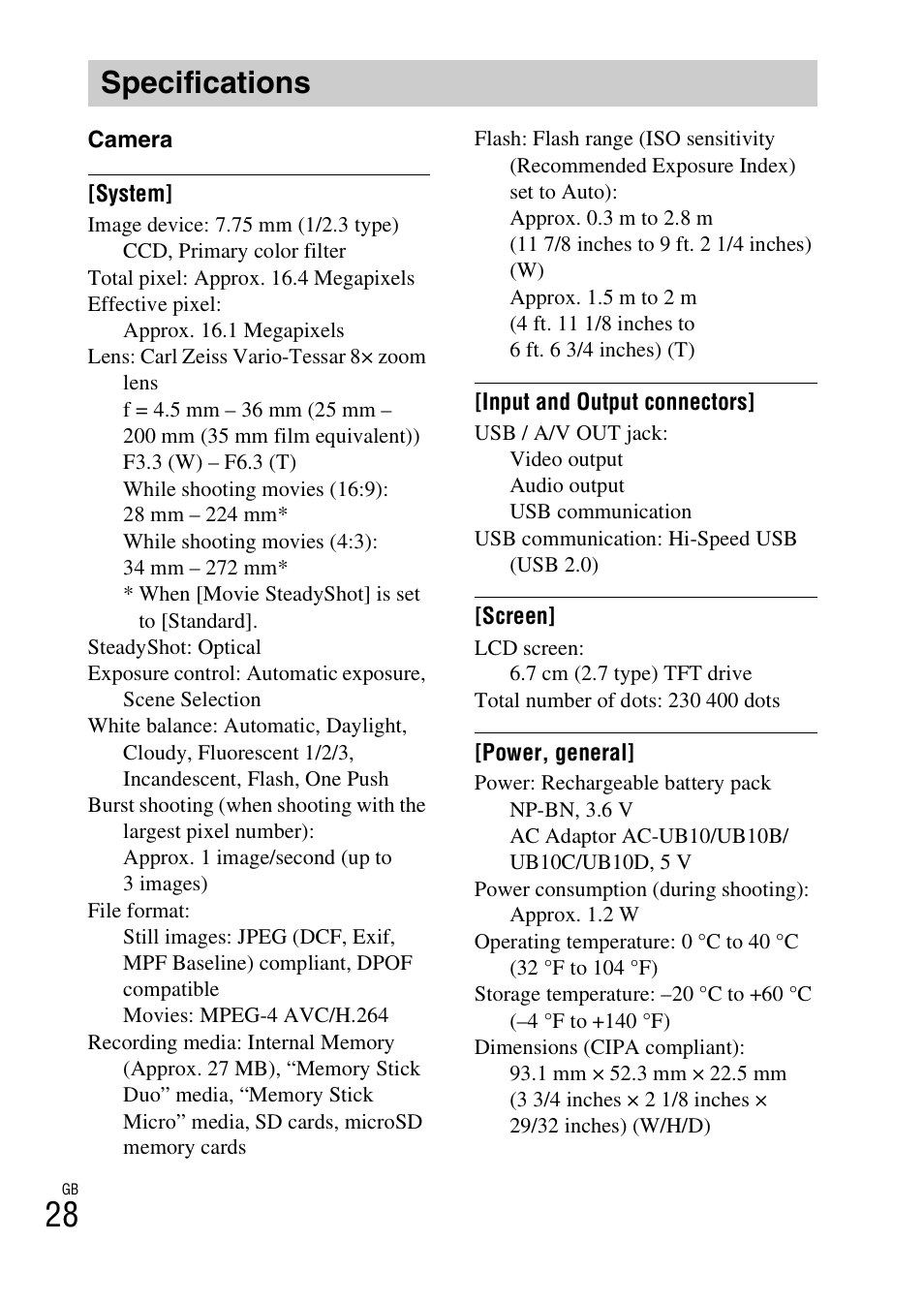 Specifications | Sony DSC-W730 User Manual | Page 28 / 60