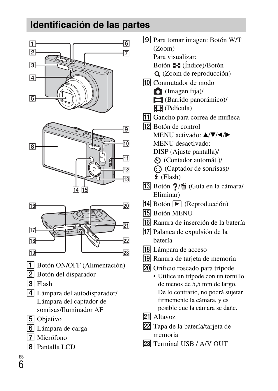 Identificación de las partes | Sony DSC-W730 User Manual | Page 34 / 60