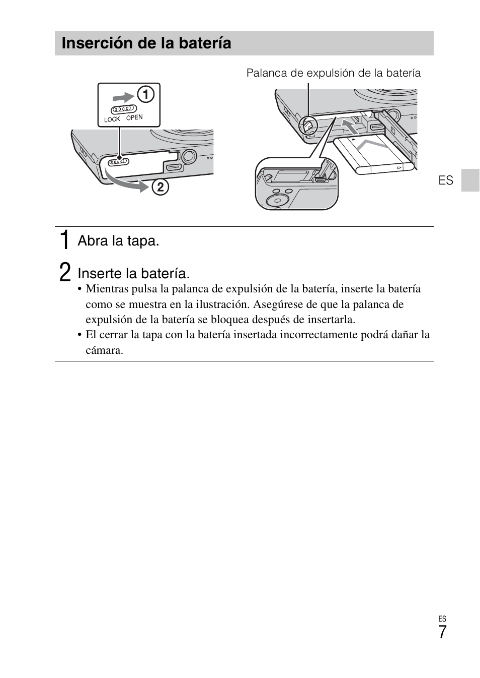 Inserción de la batería | Sony DSC-W730 User Manual | Page 35 / 60