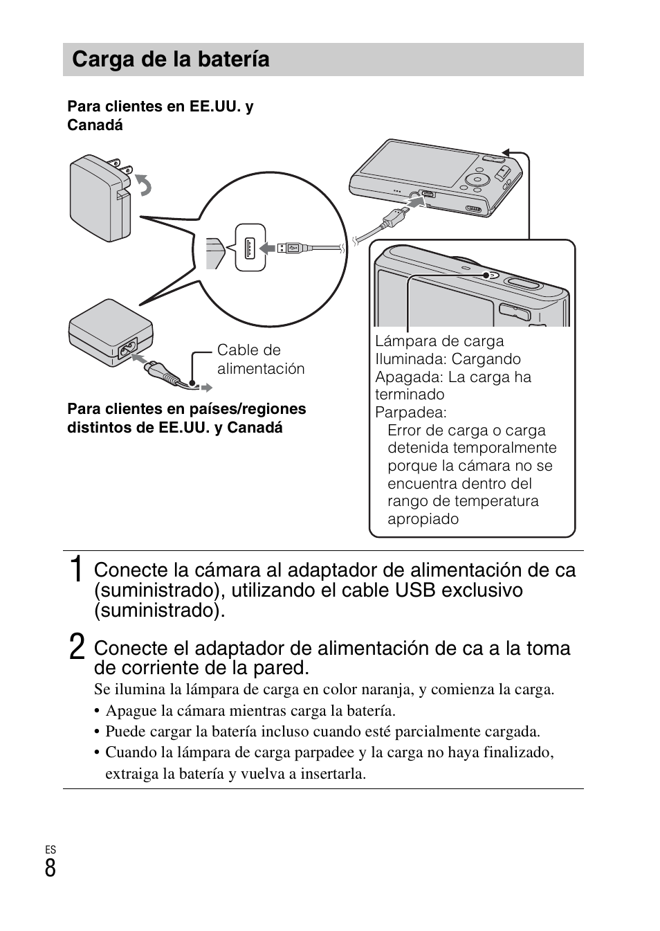 Carga de la batería | Sony DSC-W730 User Manual | Page 36 / 60