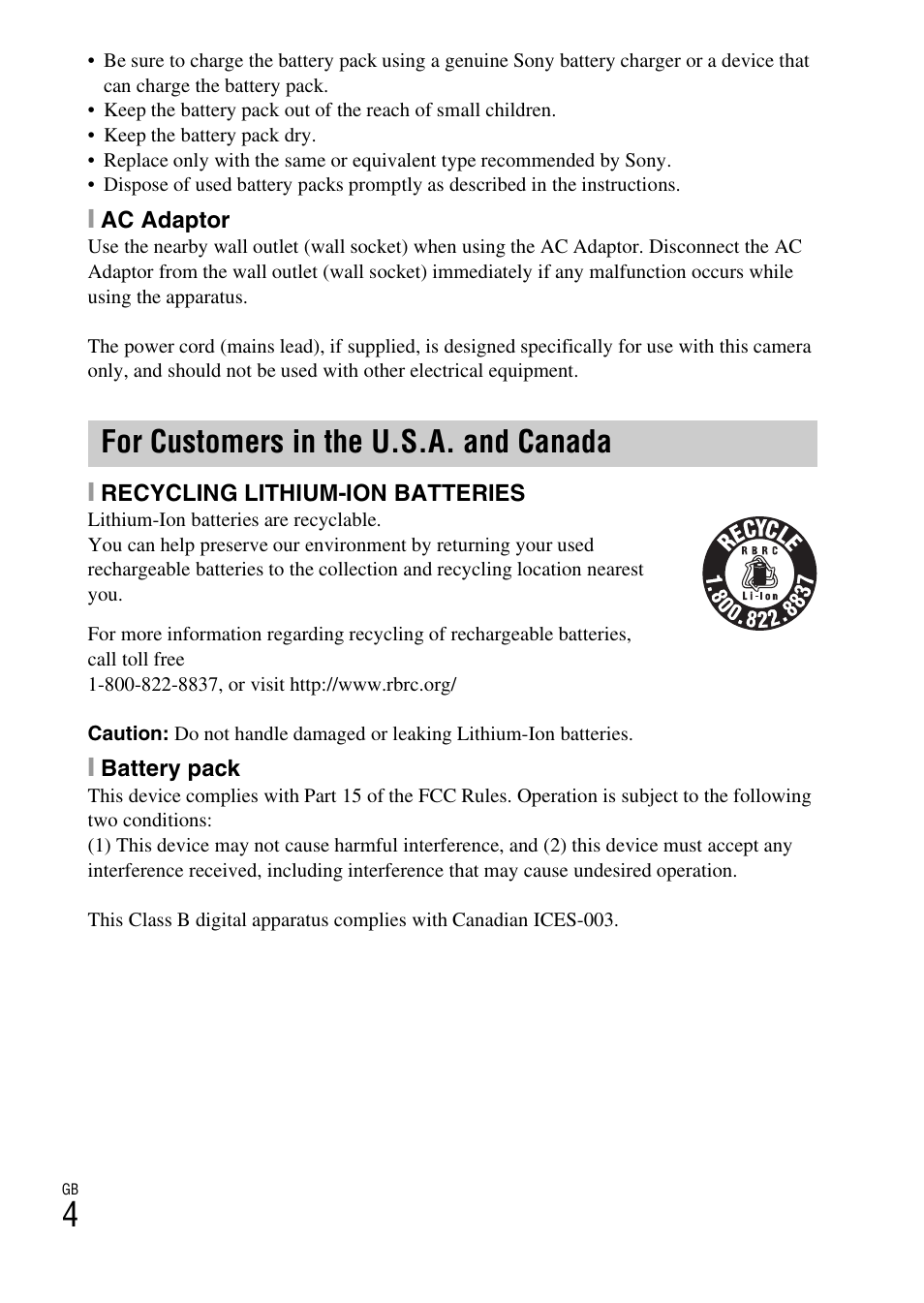 For customers in the u.s.a. and canada | Sony DSC-W730 User Manual | Page 4 / 60
