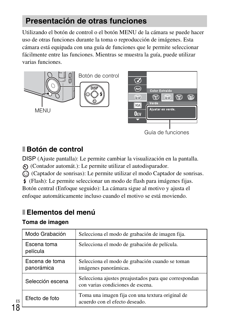 Presentación de otras funciones, Xbotón de control, Xelementos del menú | Sony DSC-W730 User Manual | Page 46 / 60
