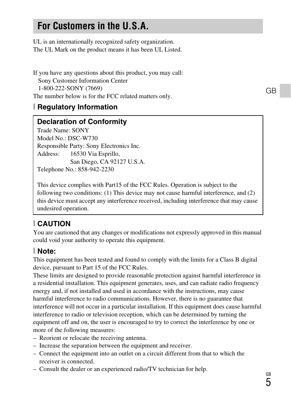 For customers in the u.s.a | Sony DSC-W730 User Manual | Page 5 / 60