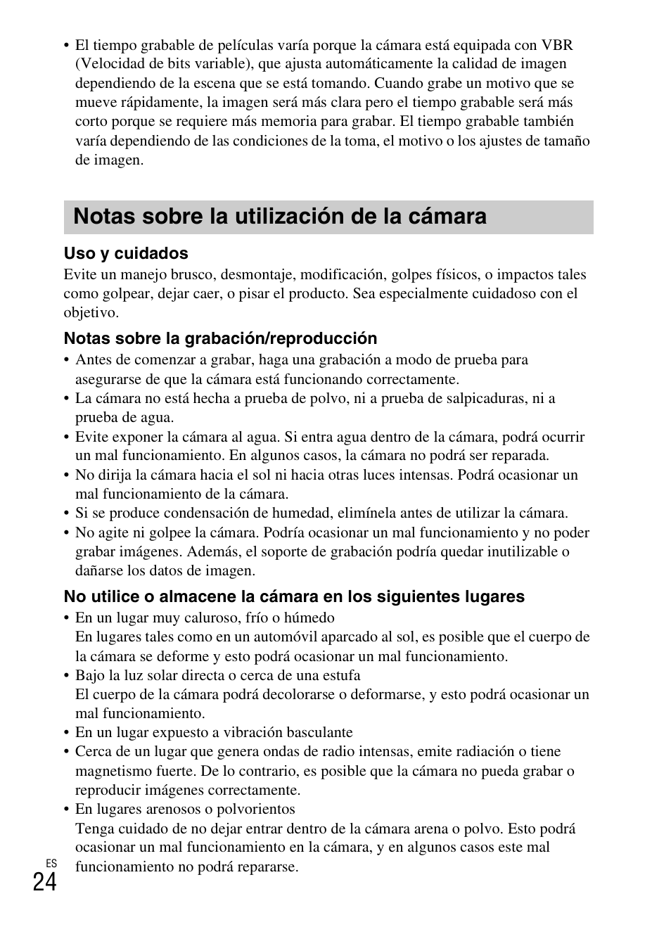 Notas sobre la utilización de la cámara | Sony DSC-W730 User Manual | Page 52 / 60