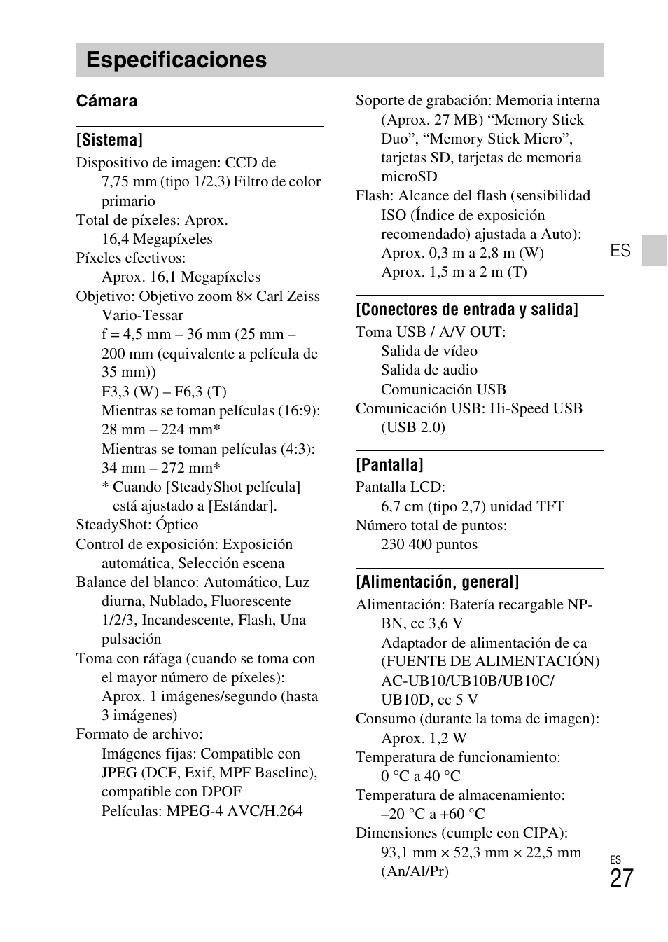 Especificaciones | Sony DSC-W730 User Manual | Page 55 / 60