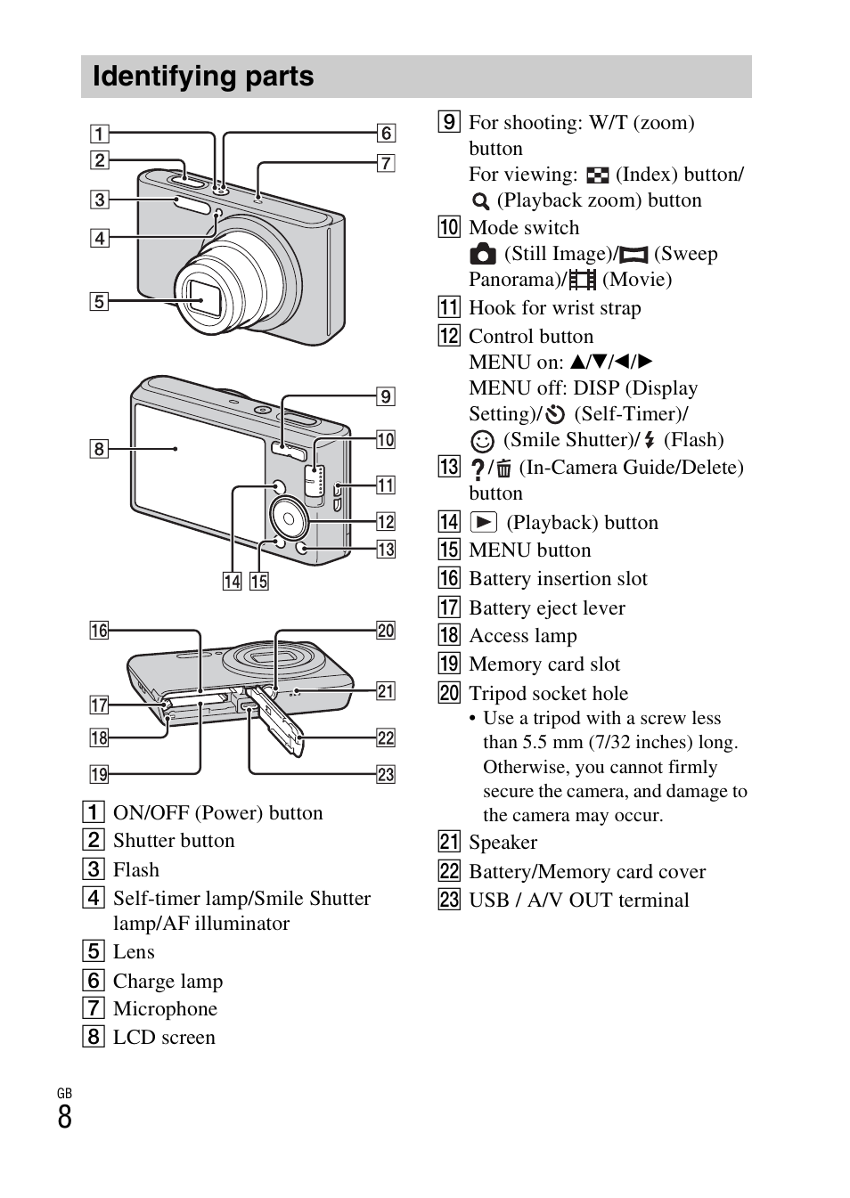 Identifying parts | Sony DSC-W730 User Manual | Page 8 / 60