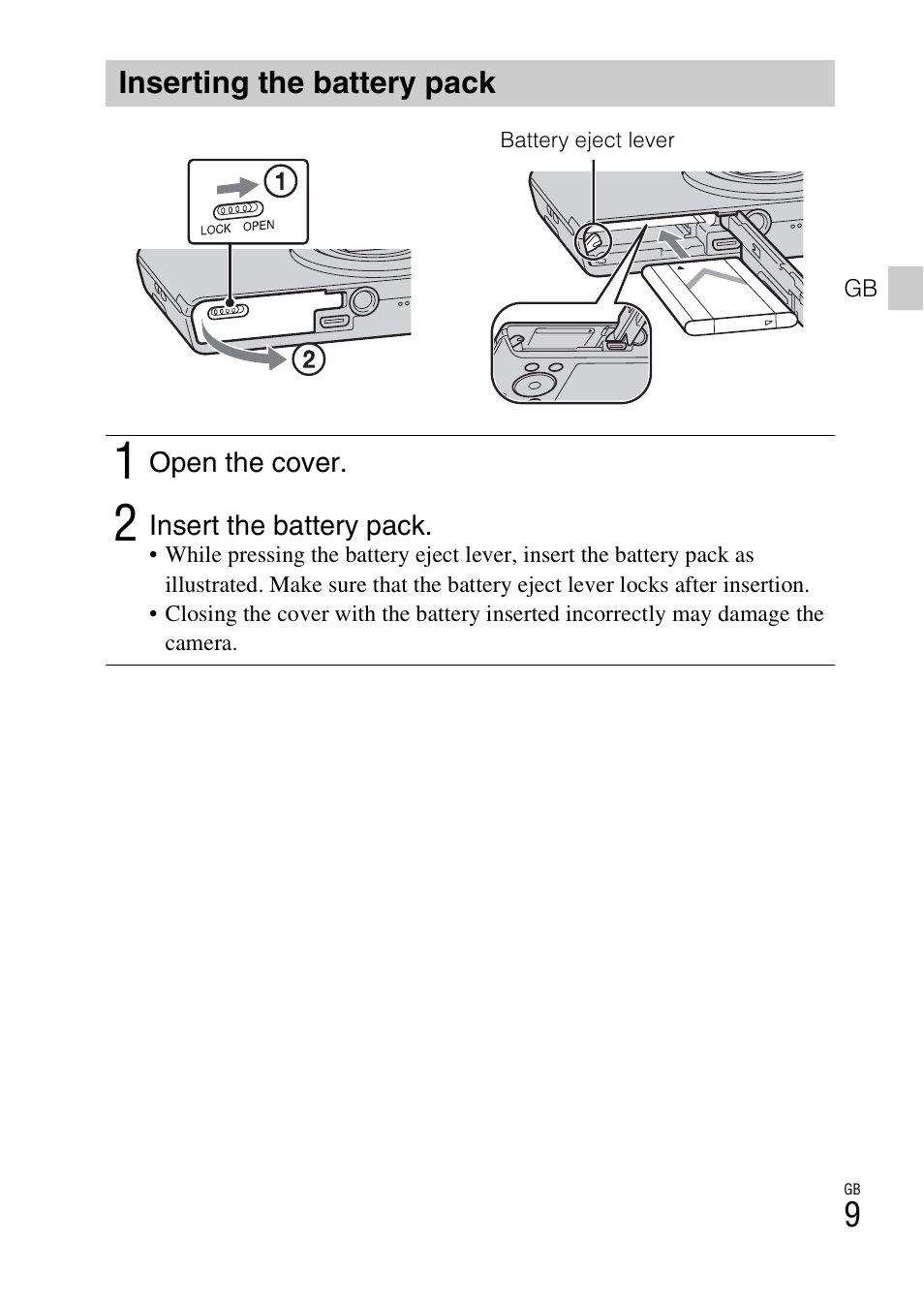 Inserting the battery pack | Sony DSC-W730 User Manual | Page 9 / 60