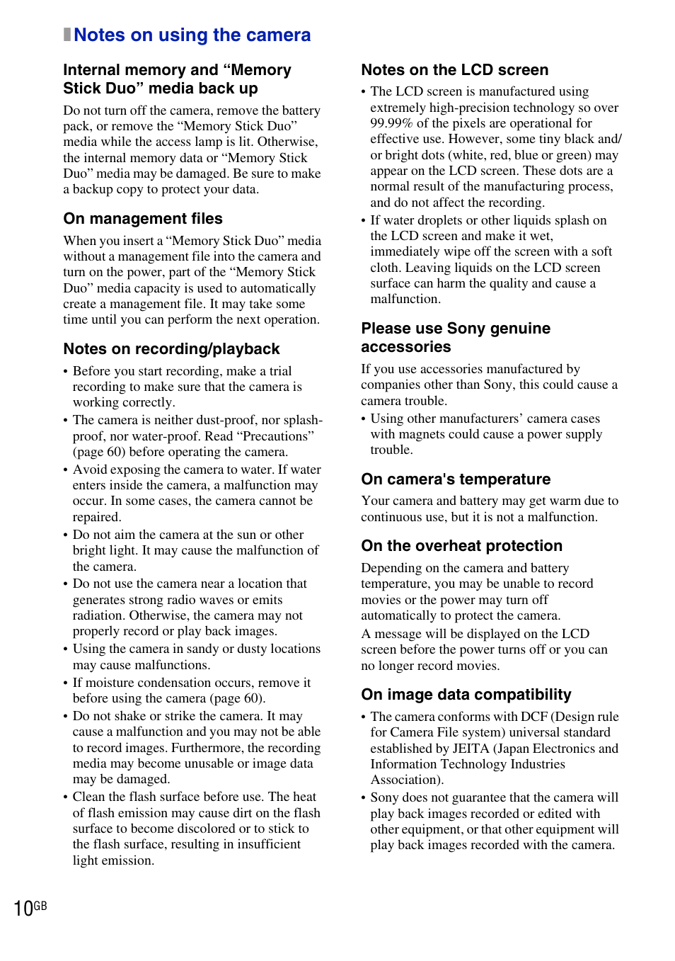 Notes on using the camera | Sony DSC-T900 User Manual | Page 10 / 124