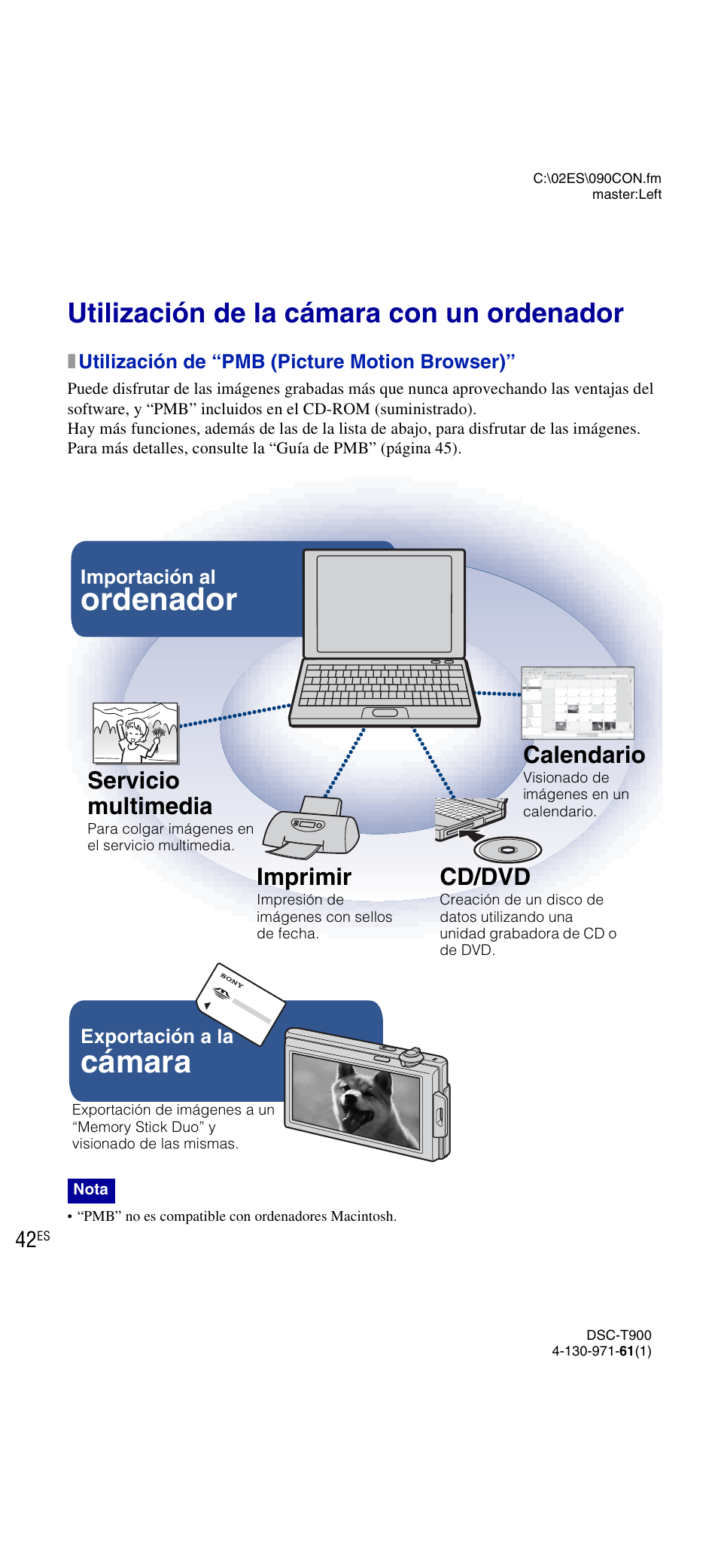 Utilización de la cámara con un ordenador, Cámara, Ordenador | Servicio multimedia, Imprimir, Cd/dvd, Calendario | Sony DSC-T900 User Manual | Page 104 / 124