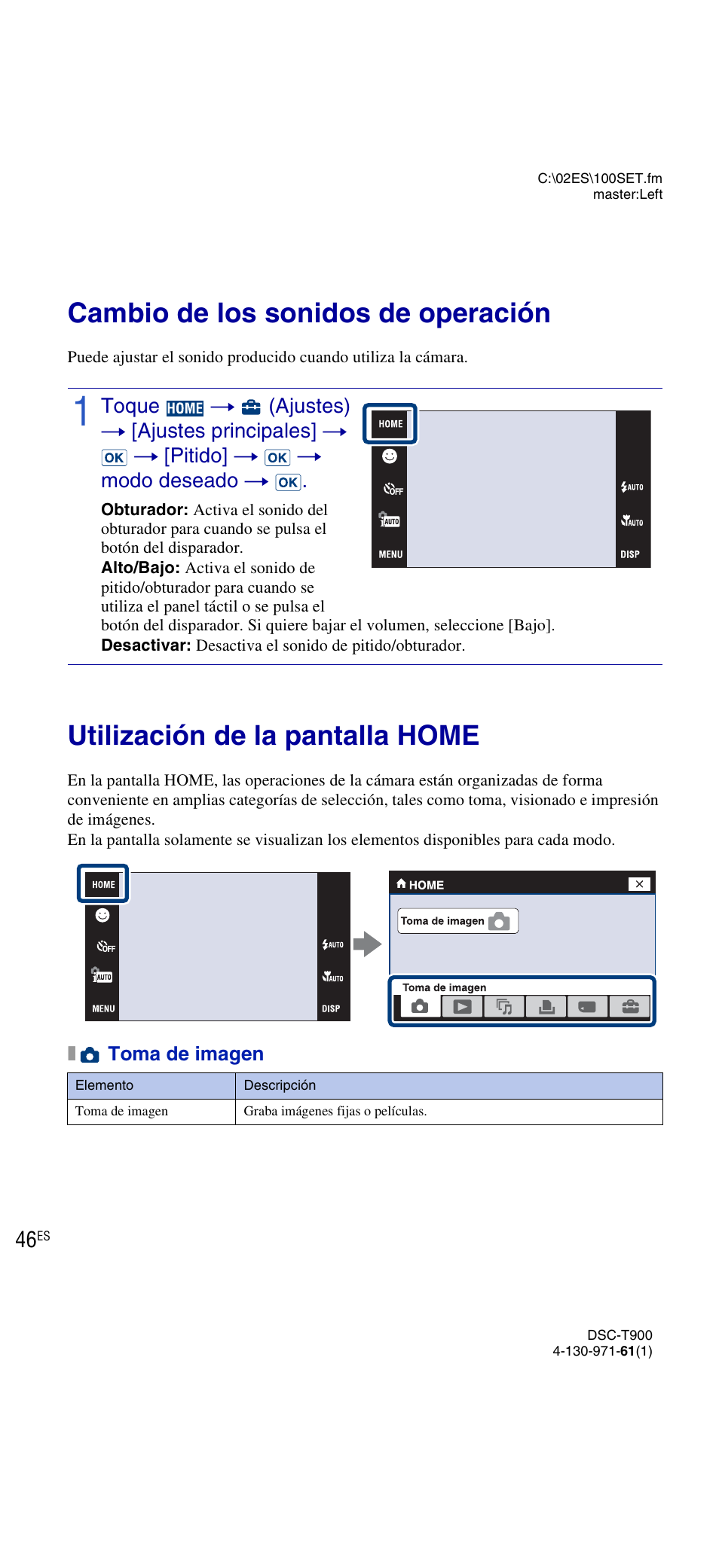 Cambio de los ajustes de la cámara, Cambio de los sonidos de operación, Utilización de la pantalla home | Sony DSC-T900 User Manual | Page 108 / 124