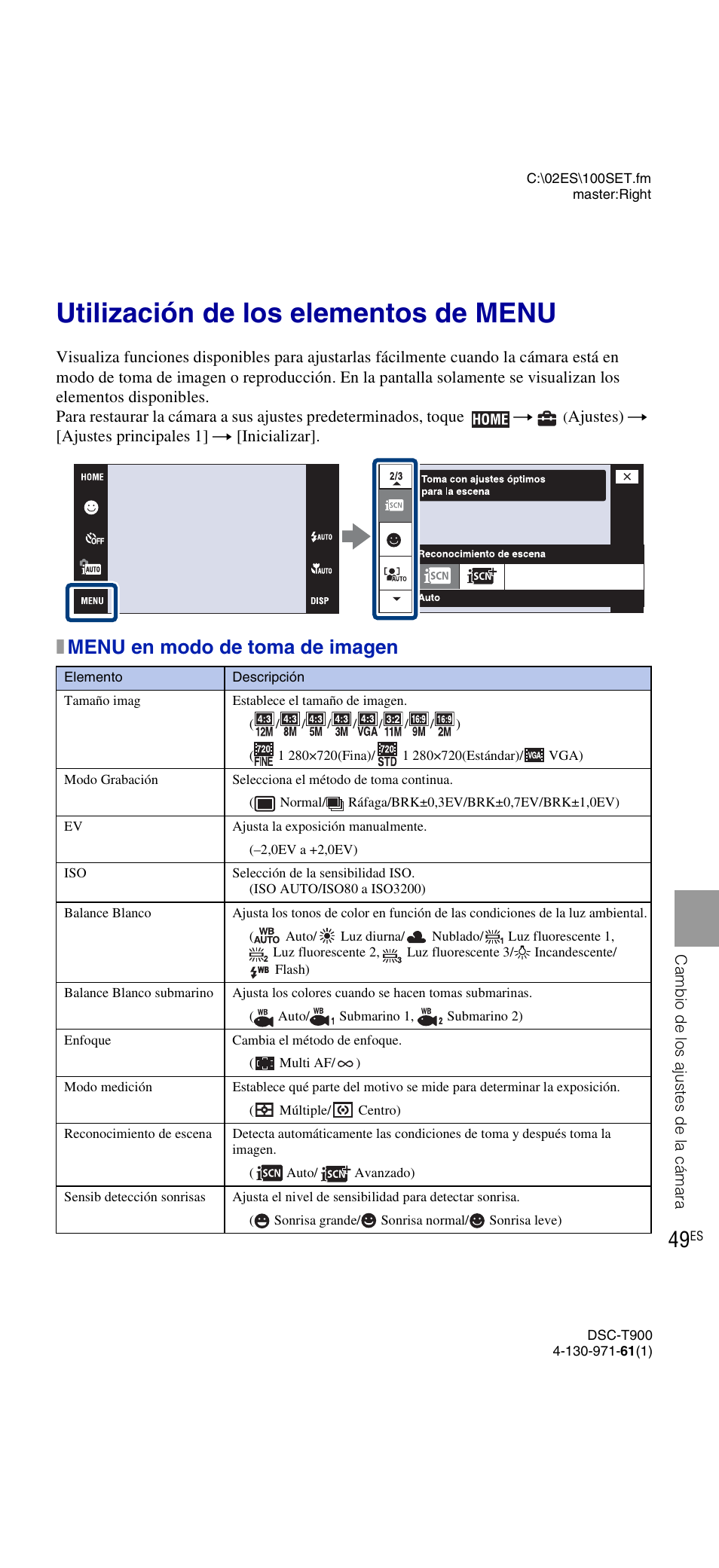 Utilización de los elementos de menu, Xmenu en modo de toma de imagen | Sony DSC-T900 User Manual | Page 111 / 124