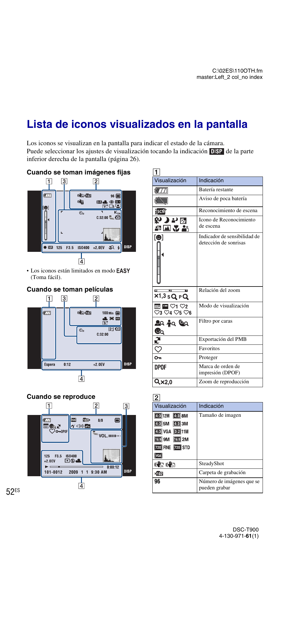 Otros, Lista de iconos visualizados en la pantalla | Sony DSC-T900 User Manual | Page 114 / 124