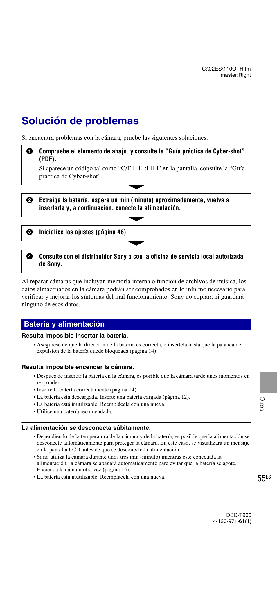 Solución de problemas, Batería y alimentación | Sony DSC-T900 User Manual | Page 117 / 124