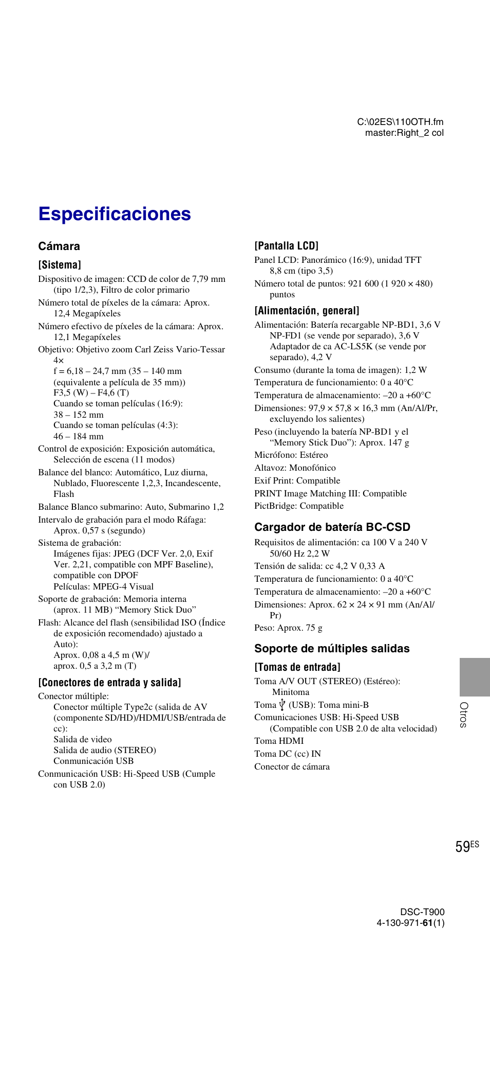 Especificaciones | Sony DSC-T900 User Manual | Page 121 / 124