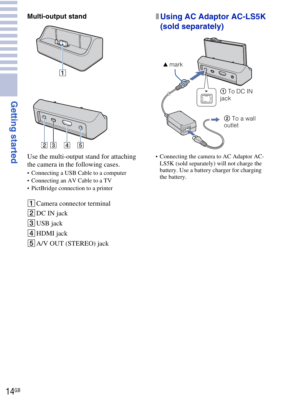 Getting started, Xusing ac adaptor ac-ls5k (sold separately) | Sony DSC-T900 User Manual | Page 14 / 124