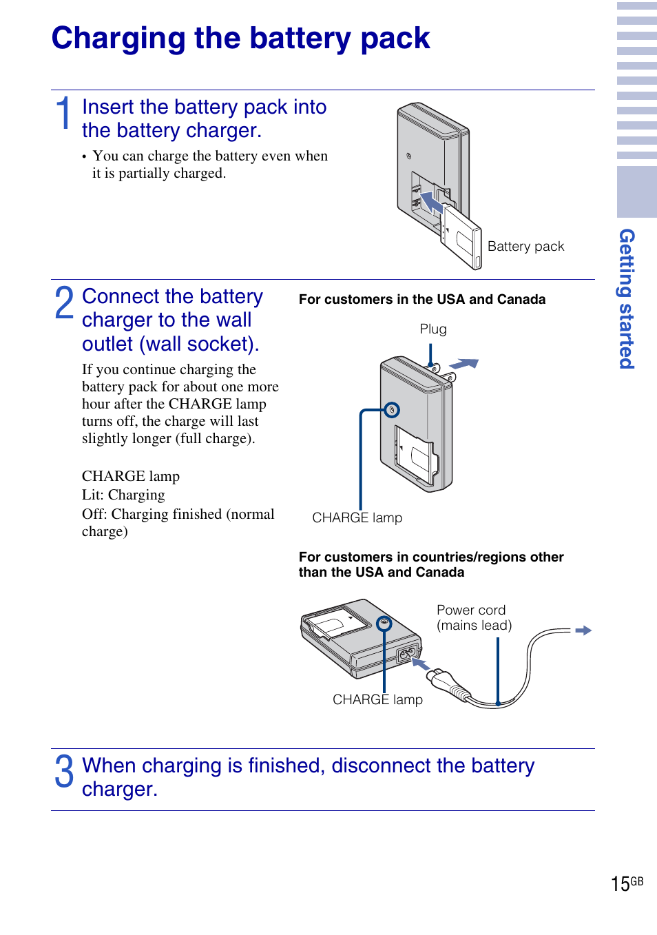 Charging the battery pack | Sony DSC-T900 User Manual | Page 15 / 124